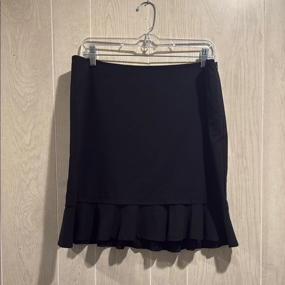 Black Mini Pencil Skirt with Ruffled Hem, Zipper & Button Closure - Picture 1 of 9